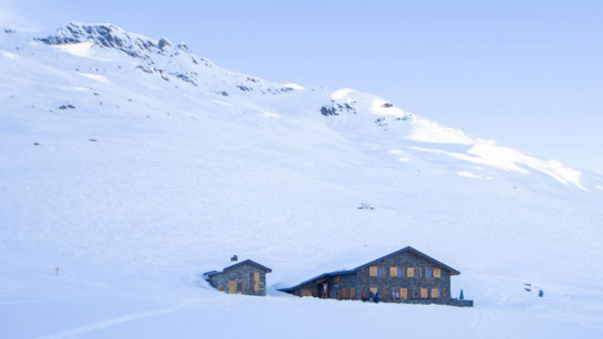 The refuge of the Lac du Lou in Les Menuires, between Val Thorens and Les Menuires, in Les 3 Vallées