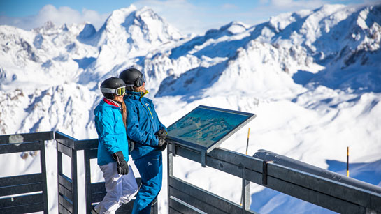 Panorama view from the top of Mont Vallon mountain, Meribel ski resort, Trois Vallees skiing area!